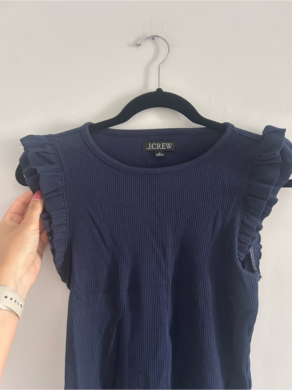 J. Crew Navy Ribbed Ruffle Sleeve Tank - Picture 4 of 9